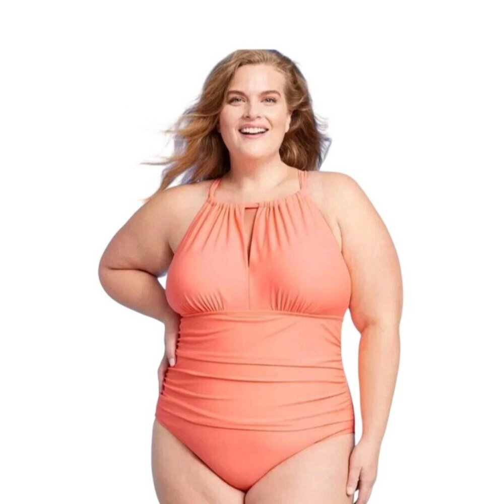 Kona Sol Coral One-Piece Swimsuit With High Neck & Adjustable Back Tie Size 17